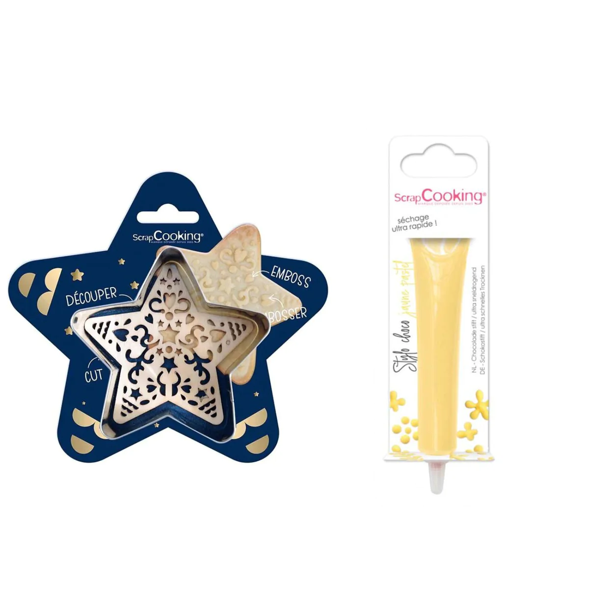Kit pour biscuit en relief Étoile + Stylo au chocolat jaune pastel Scr