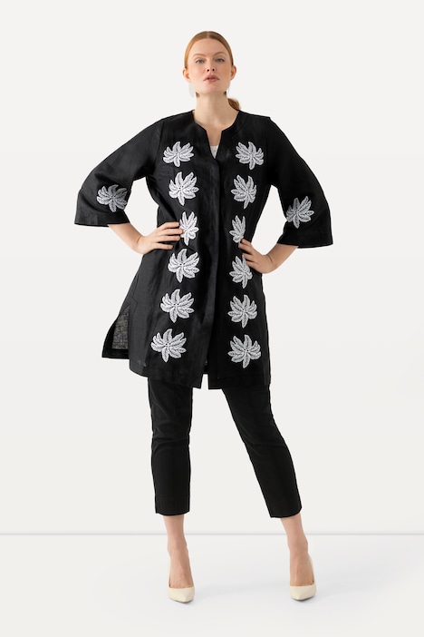 Leinenbluse, Stickerei, Tunika-Ausschnitt, 3/4-Arm