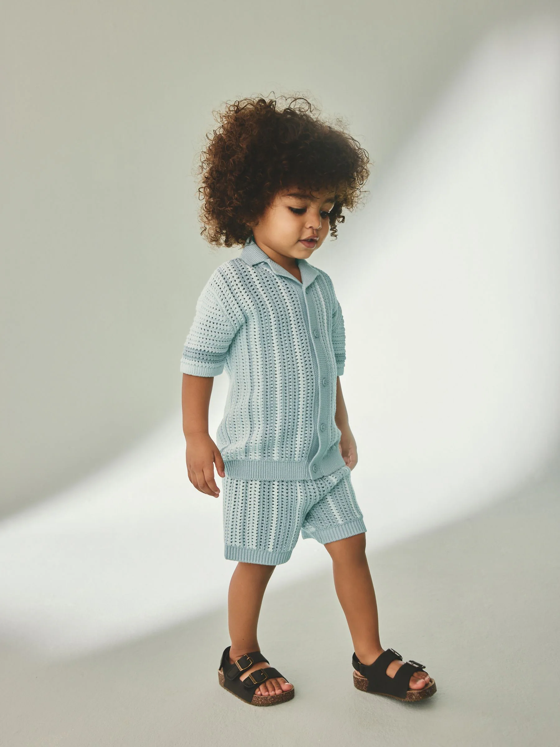 Blauw - Gehaakte gebreide set van overhemd met korte mouwen en shorts (3mnd -10jr)