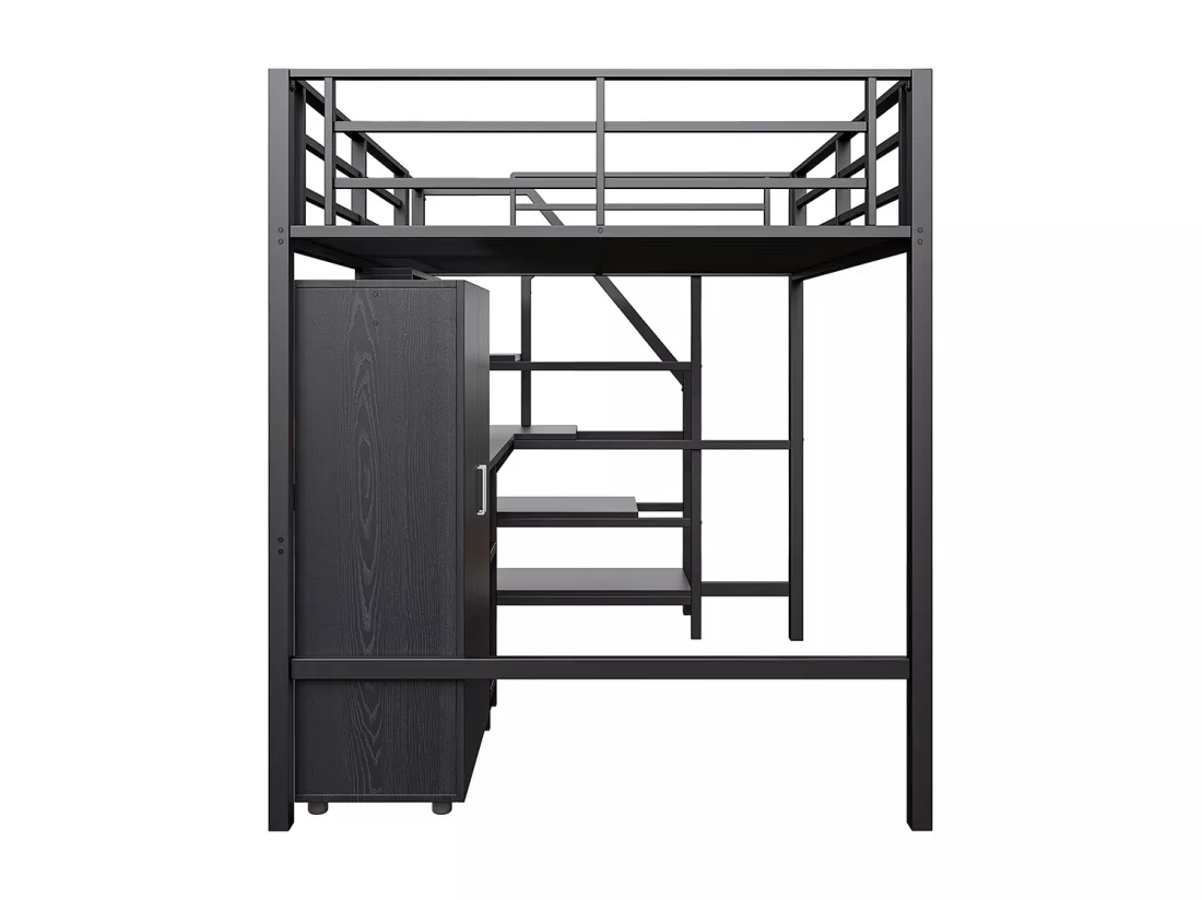 Lit mezzanine 140x200 armoire étagères échelle de rangement bureau Noir