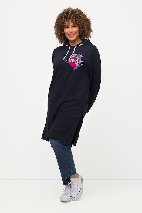 Long-Hoodie, Schriftmotiv, Seitenschlitze, Langarm