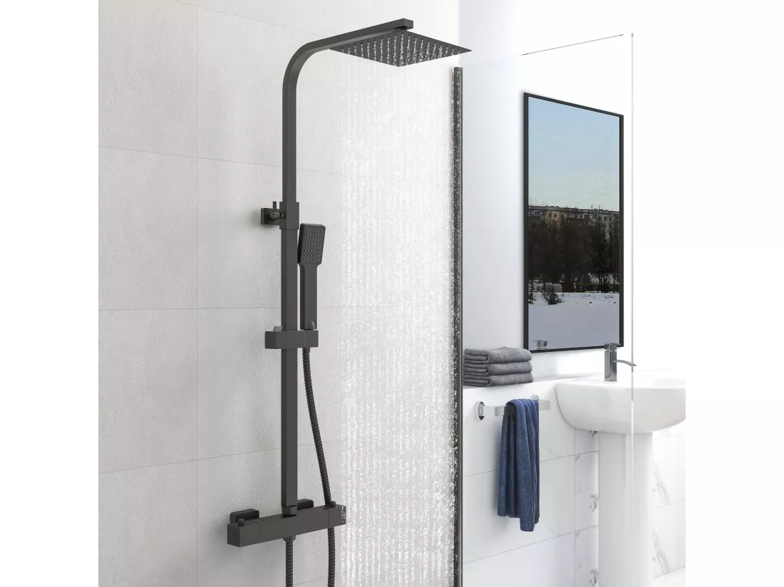 AICA colonne de douche thermostatique noir mat avec douche de tête carrée 20X20cm, réglable en hauteur 800-1200mm