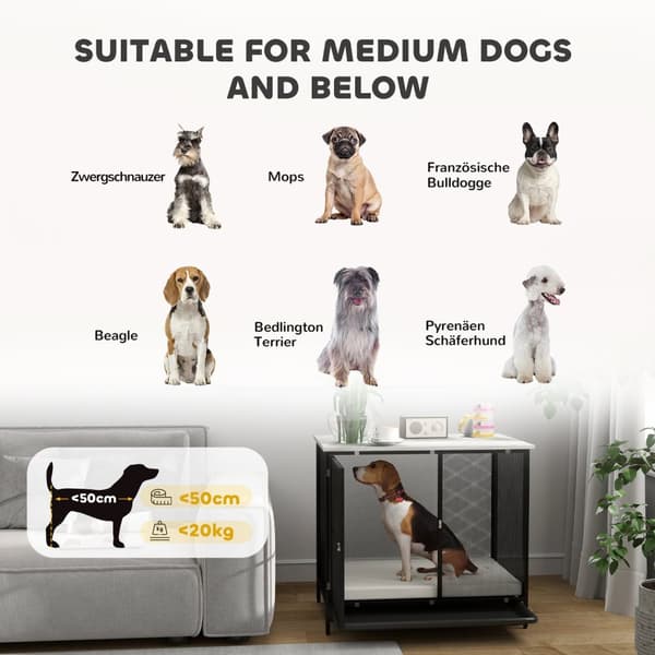 Hundebur til hjemmet, låsbar hundekennel med pute, hundebur med paller, hundehus for mellomstore hunder under 20 kg, grå, 88 x 55 x 71 cm