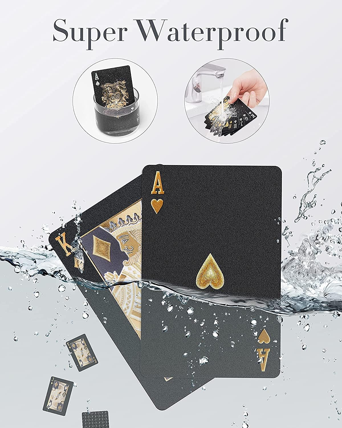 (54er Set) Elegantes Poker Karten Deck Wasserfestes Jasskarten Spiel - Schwarz / Gold / Silber