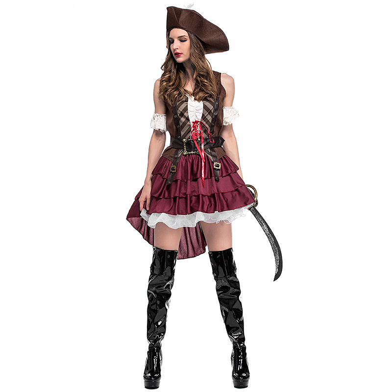 (160-165cm) Fasnachts Erwachsenen Kostüm Karibische Piratin Verkleidung für Motto Partys / Halloween inkl. Hut / Feder - Braun