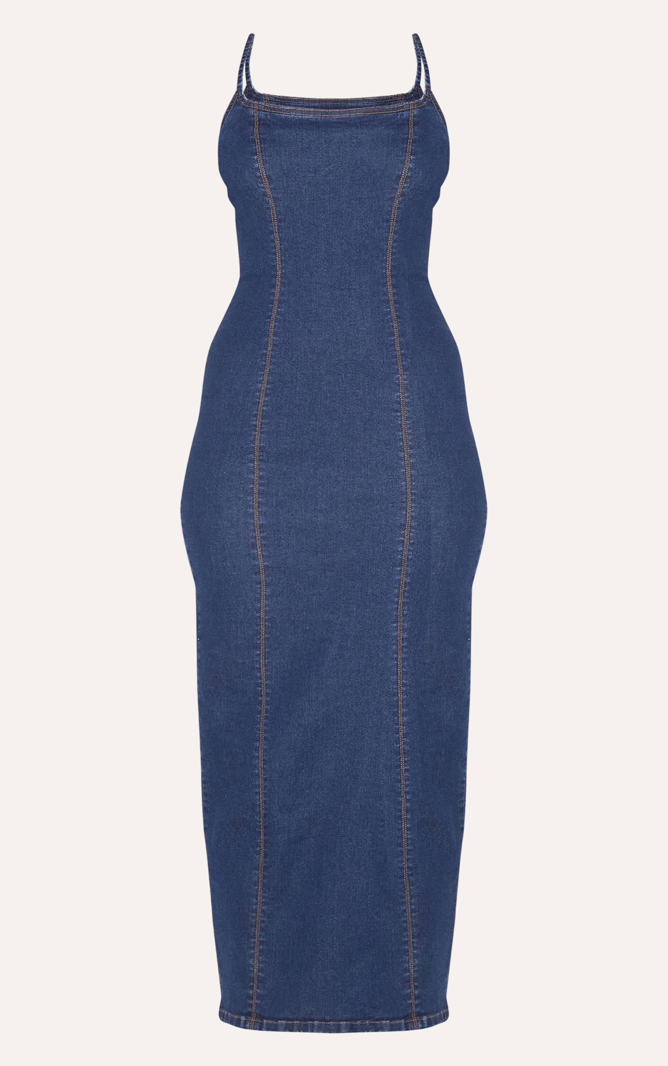 Bleu Indigo Robe Longue En Denim À Bretelles Fines