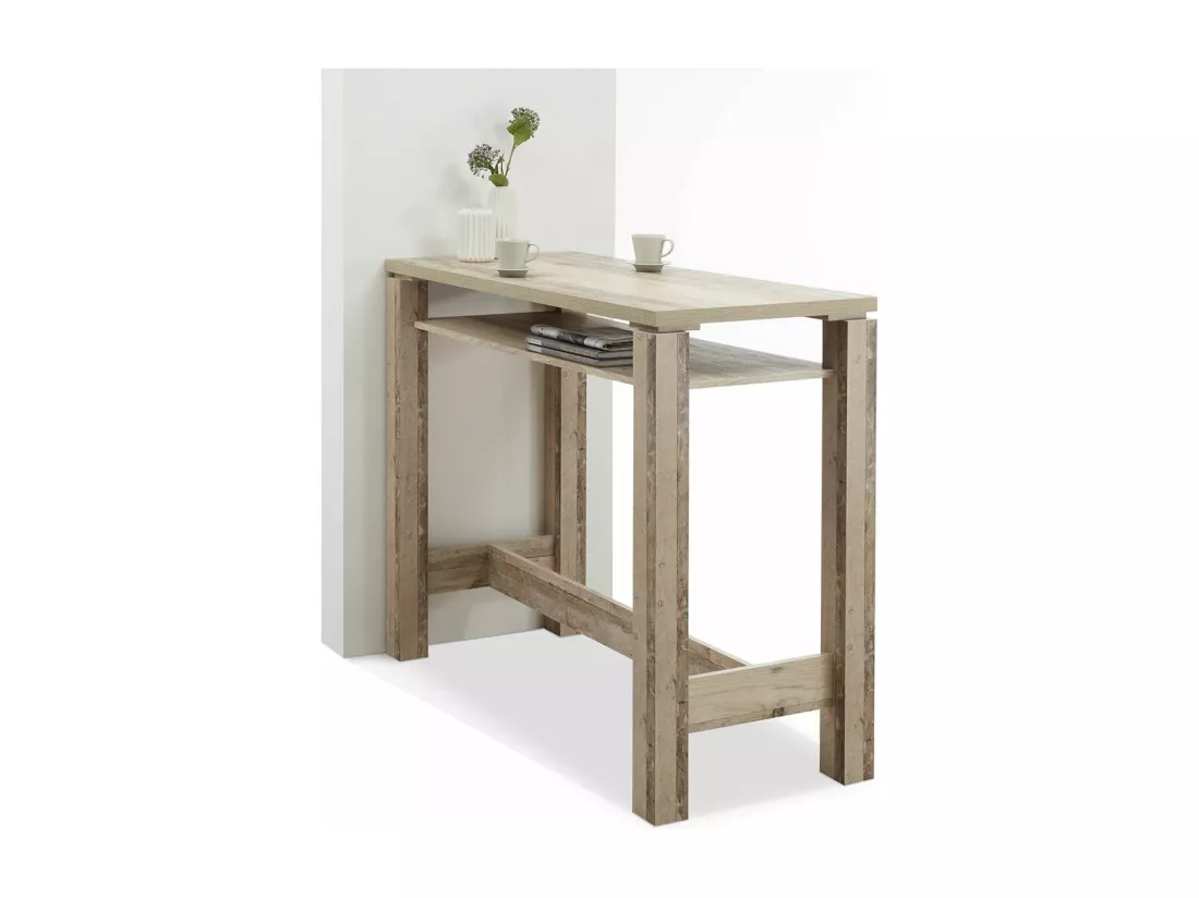 COOKIE - Table Bar 120cm avec Etagère Aspect Bois Vieilli