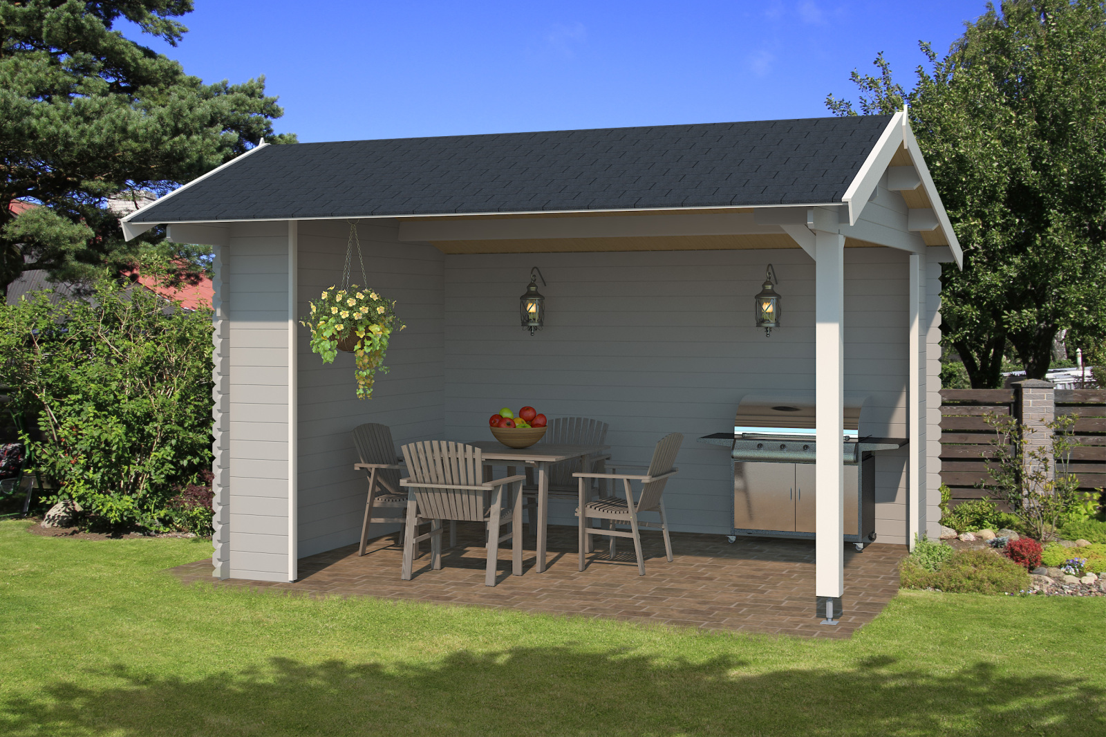 Unterstand KIRIAN - lichtgrau - Fichte massiv - 380x300 cm