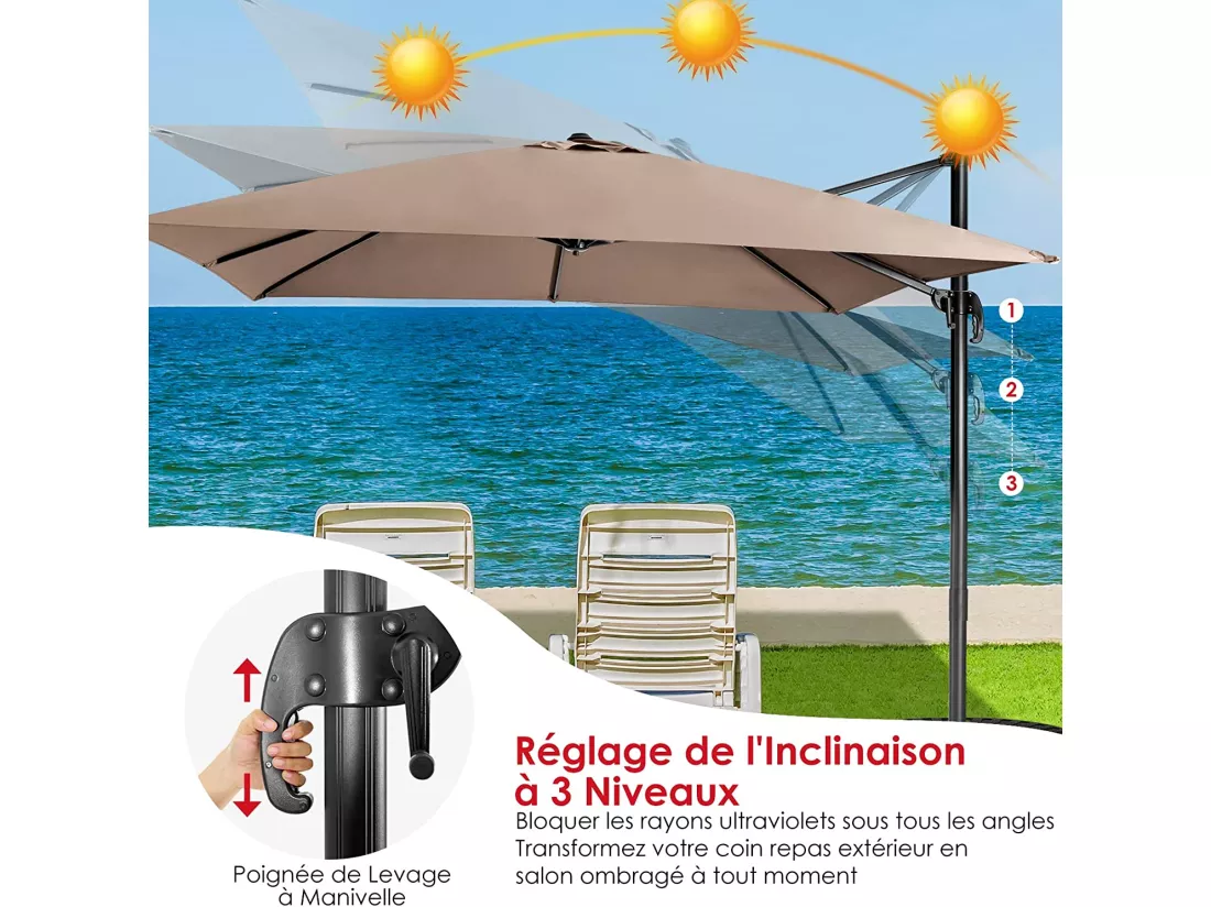 Parasol Déporté Inclinable 3x3M avec Base Croisée Rotatif à 360°,Manivelle,8 Baleines,Event pour Jardin,Terrasse,Café