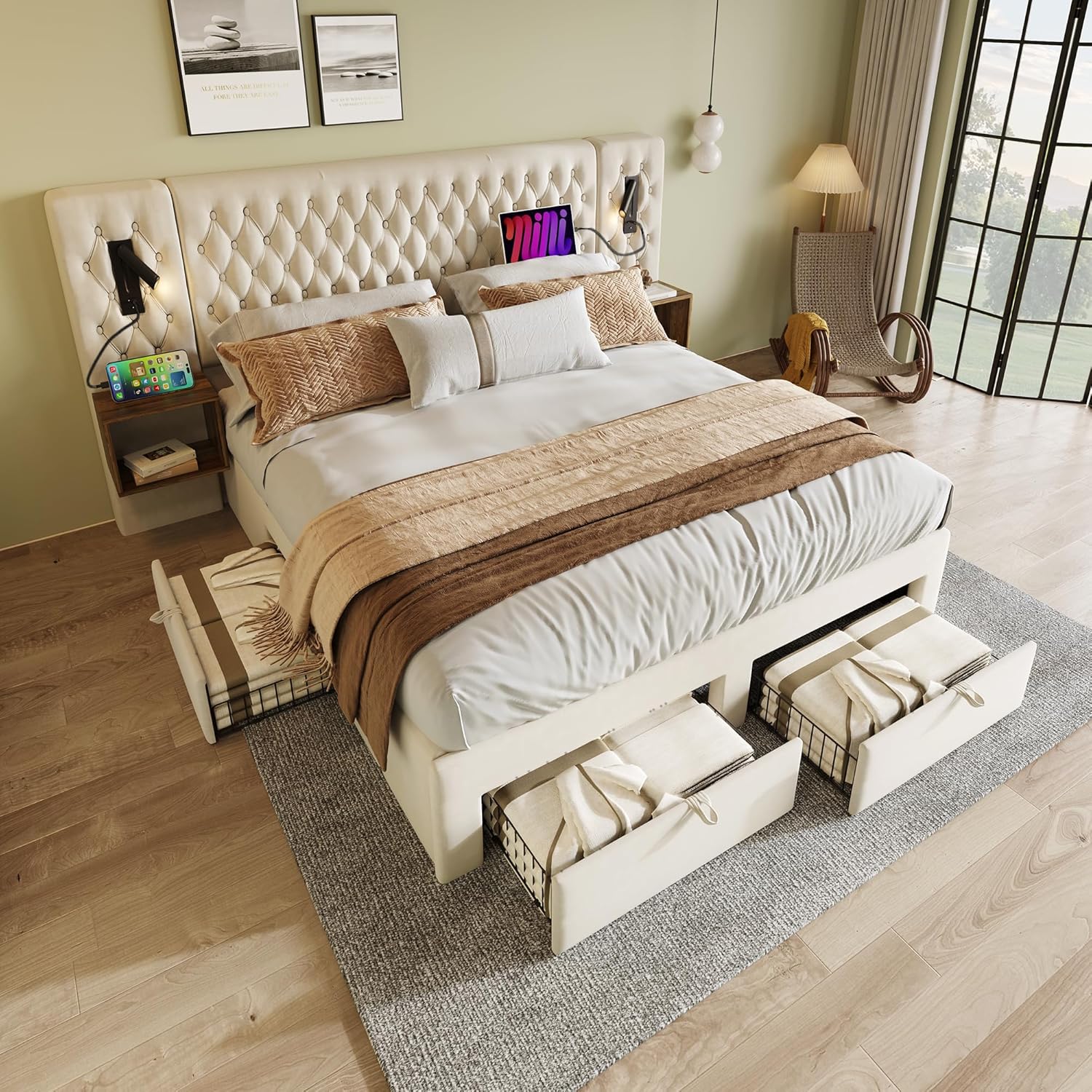 Polsterbett Doppelbett Bettanlage 180x200 cm, Schlafzimmer Komplett Set mit 2x Nachtkommoden und 4 Schubladen, LED Kopfteil Stauraumbett mit Leselicht & USB Ladefunktion, Samt, Ohne Matratze, Beige