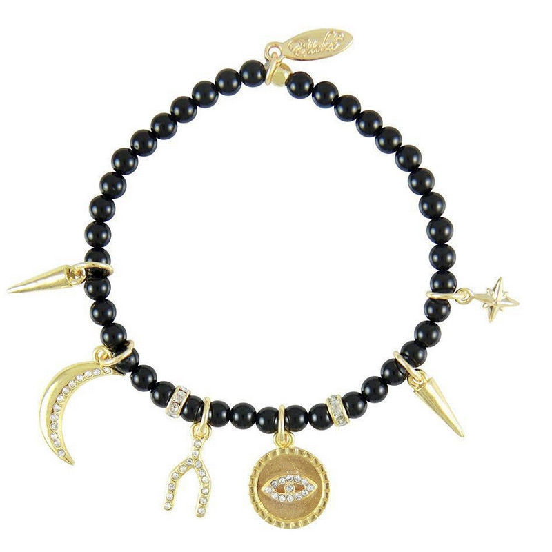 Ettika - Bracelet Stretch en Perles Onyx, Cristal et Charm's Plaqué Or