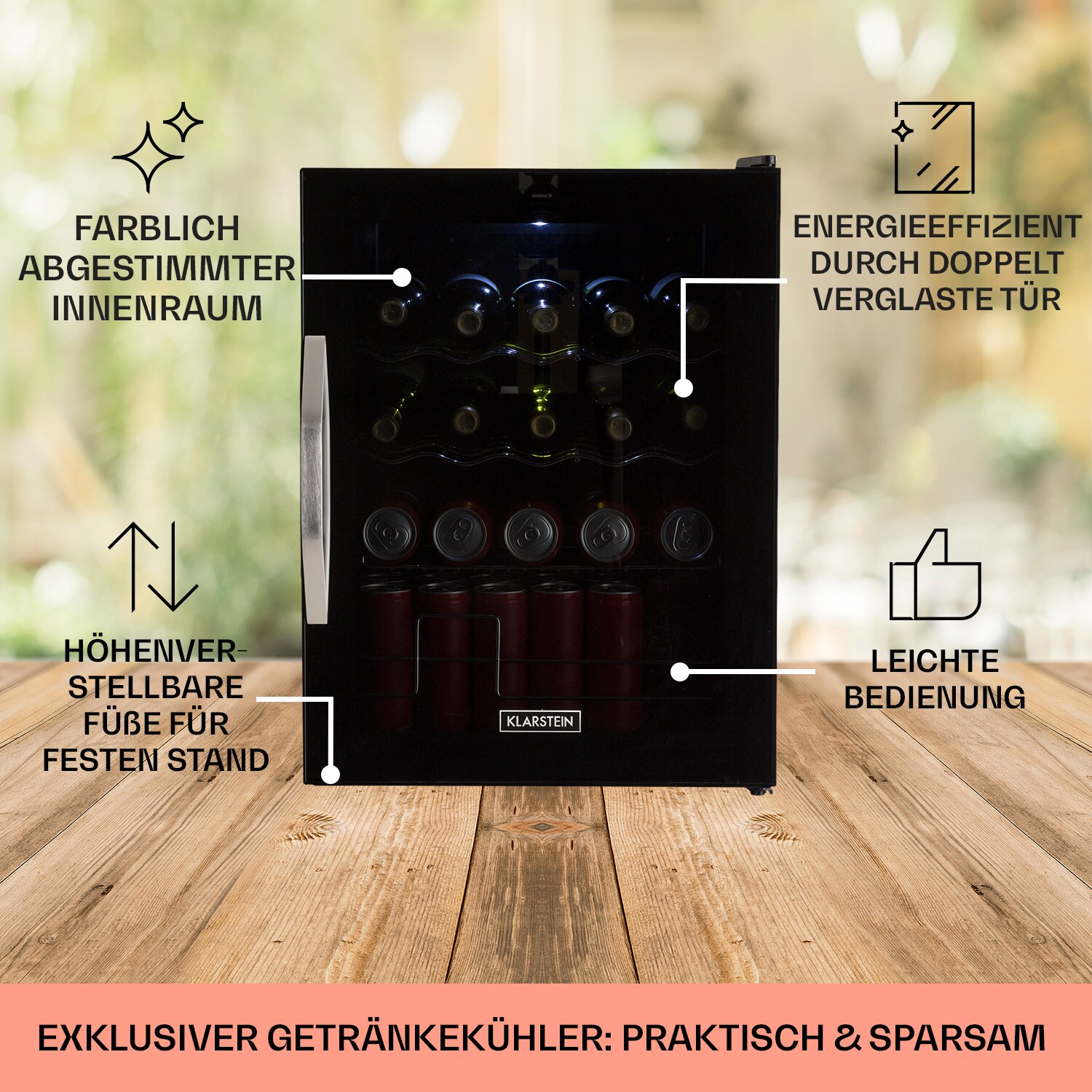 Beersafe XL Onyx Kühlschrank 60 Liter 4 Böden Panoramaglastür 60 Liter