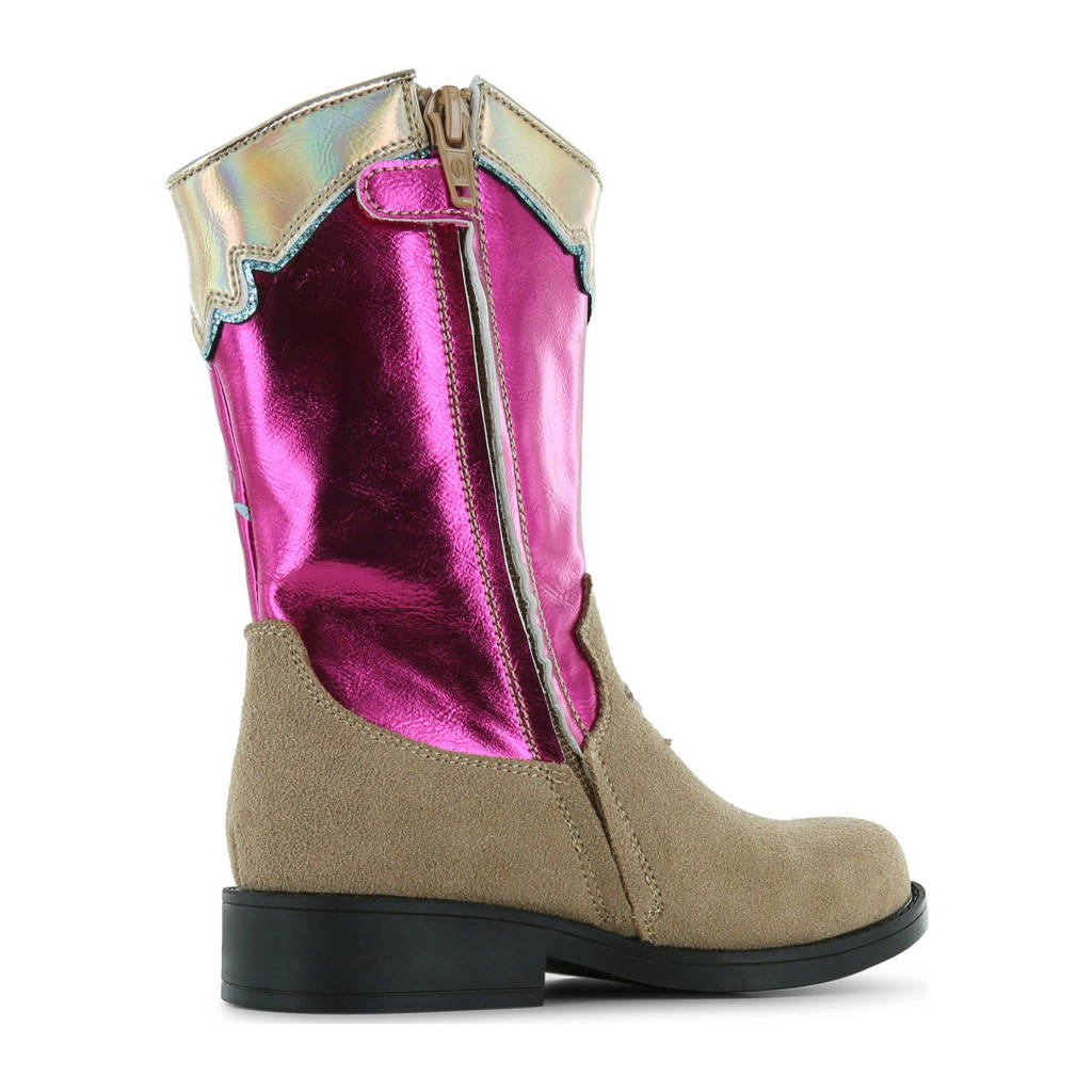 Shoesme suède cowboylaarzen beige/fuchsia