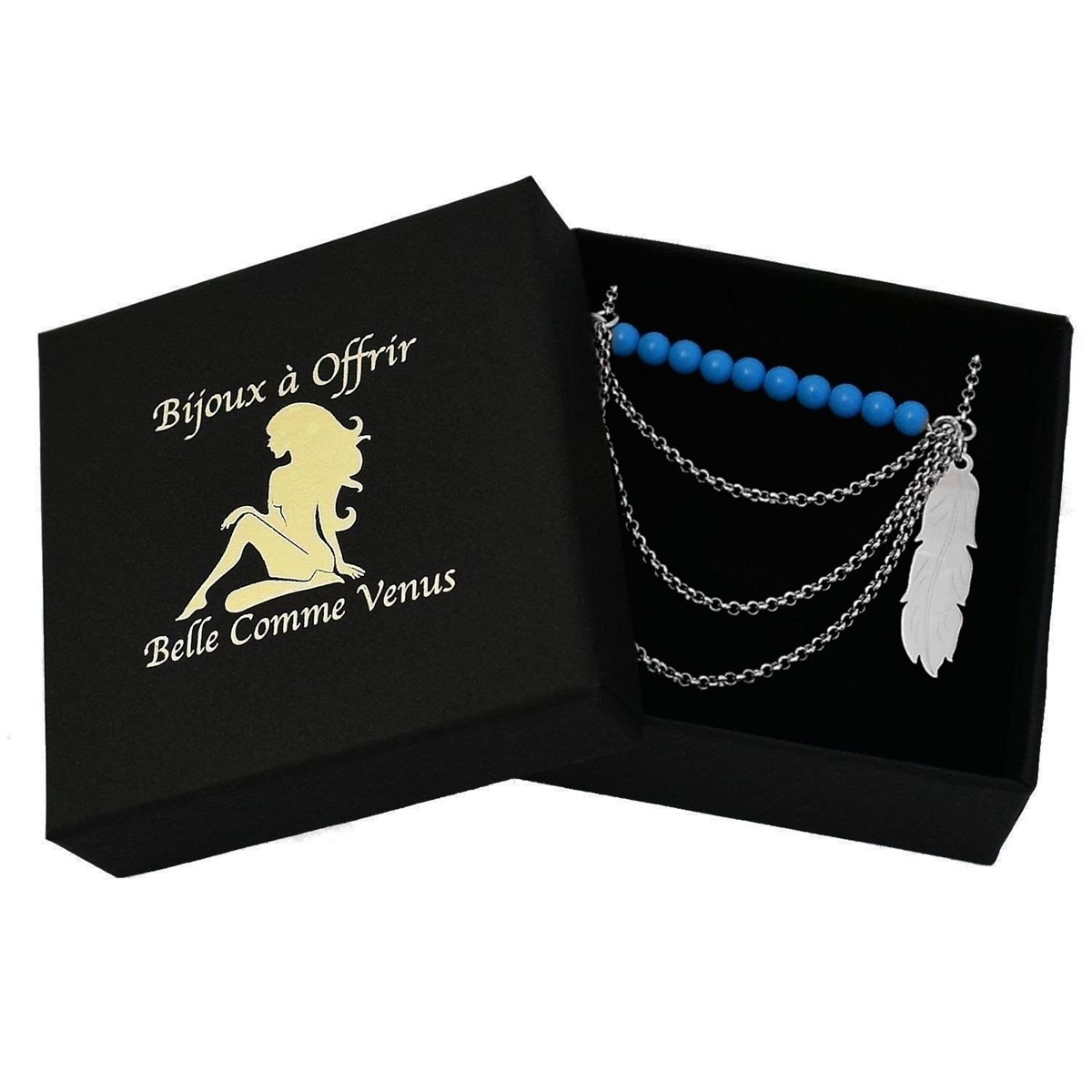 Collier bohème plume perles bleu turquoise 3 rangs Argent 925 Rhodié