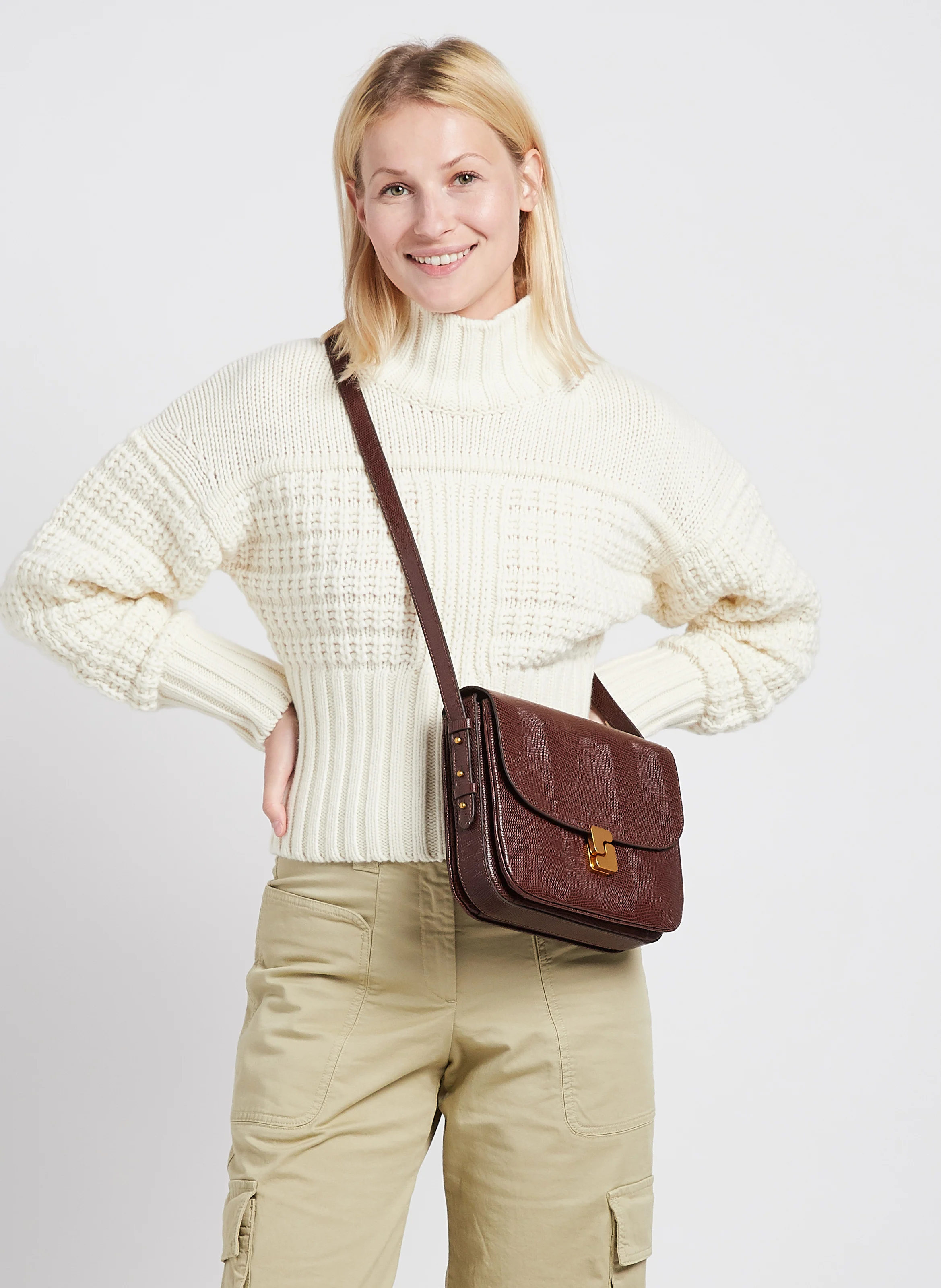 BELLISSIMA MAXI - Sac bandoulière embossé lézard en cuir| Marron