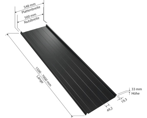 PRECIT trapezium dakplaat W33LR, gitzwart RAL 7005, vaste breedte 548 mm x dikte 0,5 mm (verkocht per meter van 150 tot max. 700 cm)