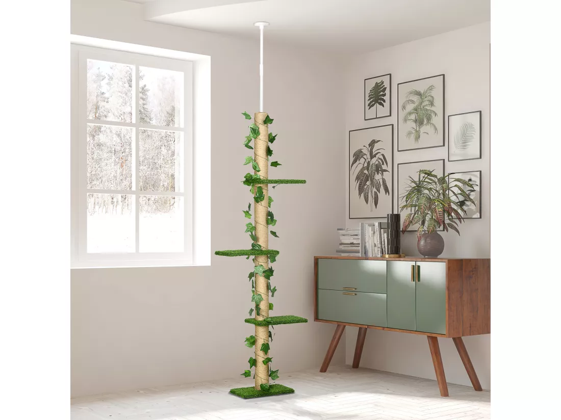 Arbre à chat poteau à griffer design hauteur réglable dim. 37L x 21l x 202- 242H cm 4 niveaux beige vert