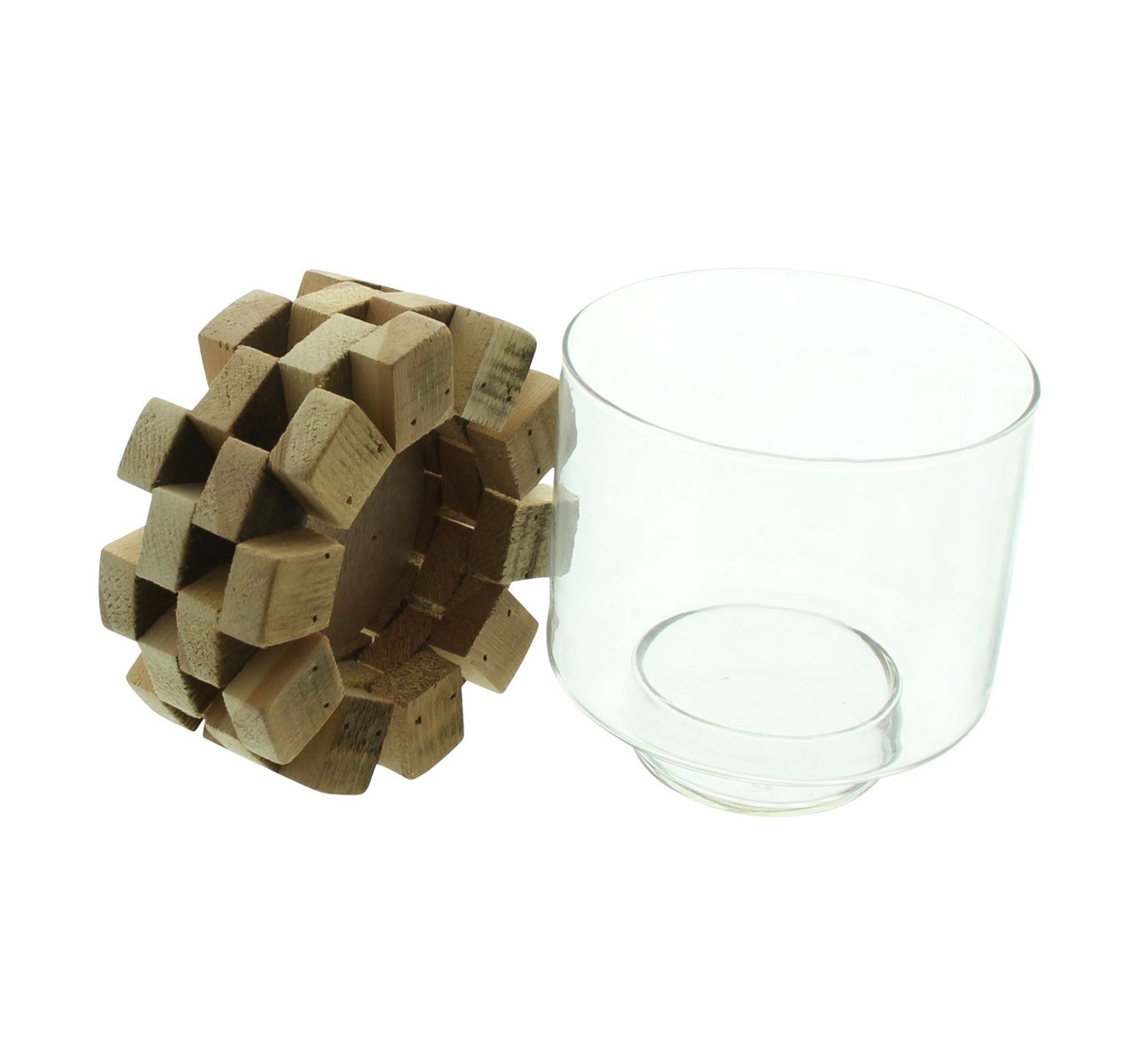 FRANK FLECHTWAREN | Theelichthouder van hout, Ø 14 x 16 cm, glas Ø 13 x 13 cm, Iep, glas