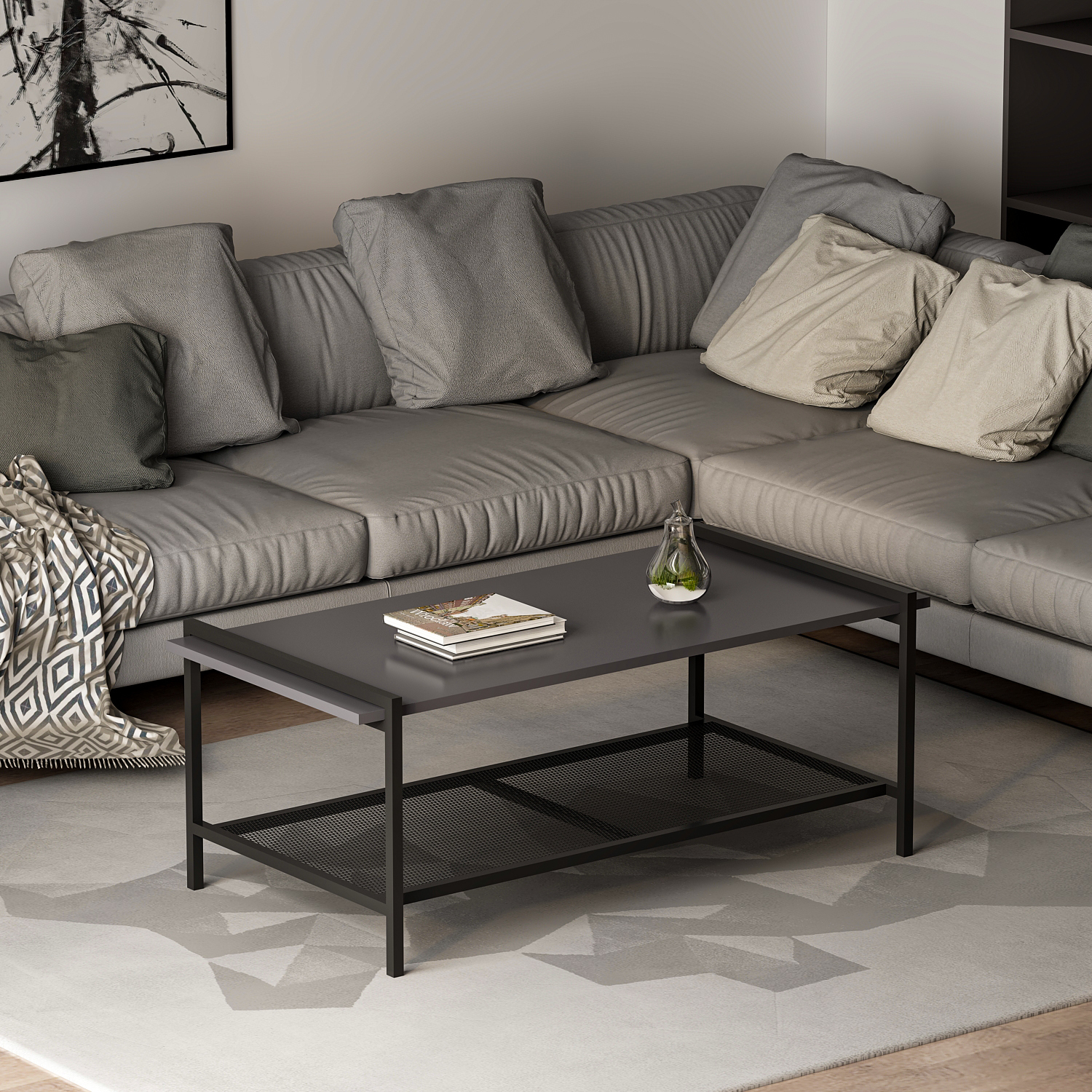 Couchtisch - grau-schwarz - mit Ablage - 120 cm
