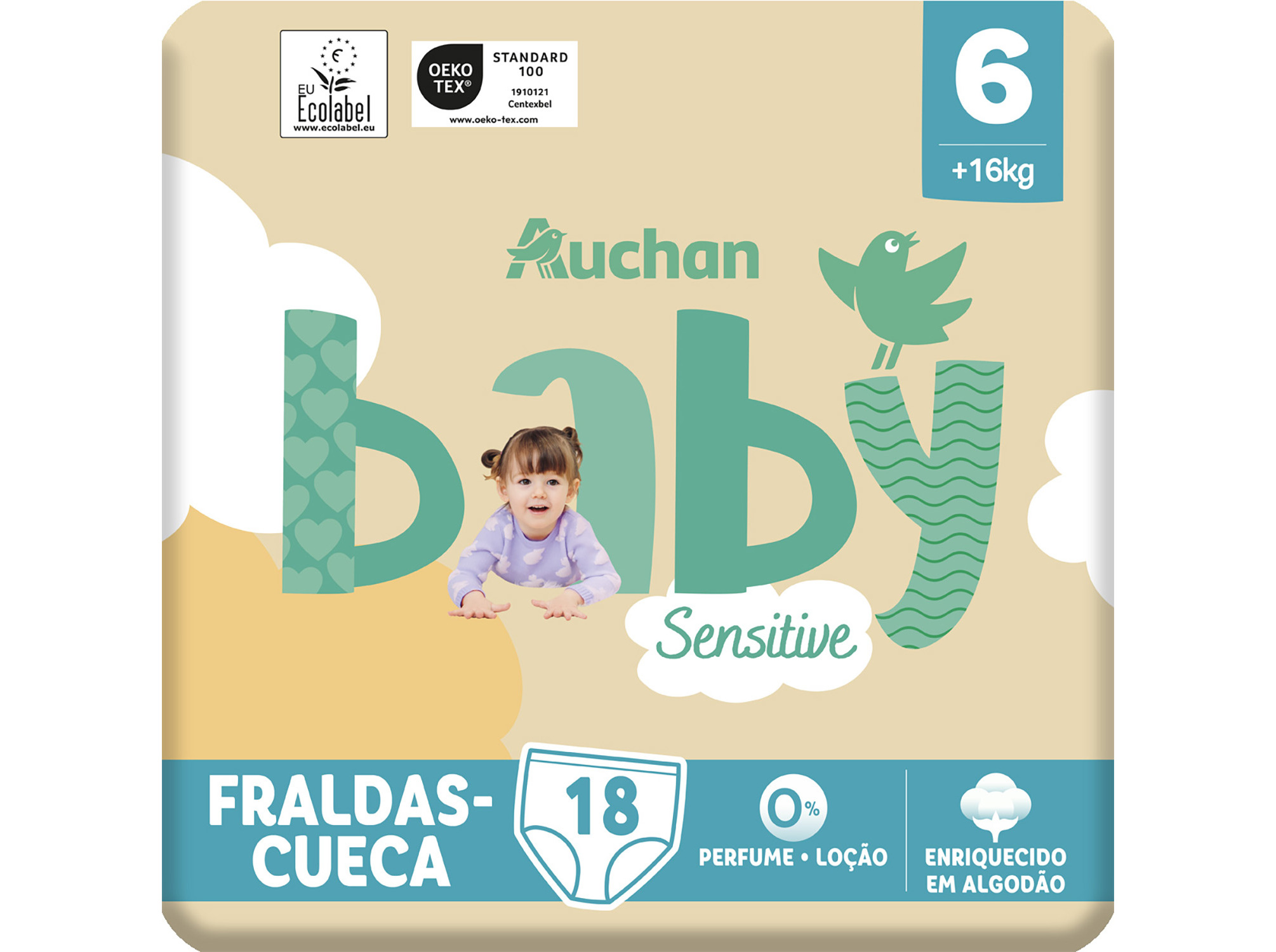 FRALDAS CUECA AUCHAN BABY SENSITIVE ECOLÓGICAS TAMANHO 6  16KG 18UN