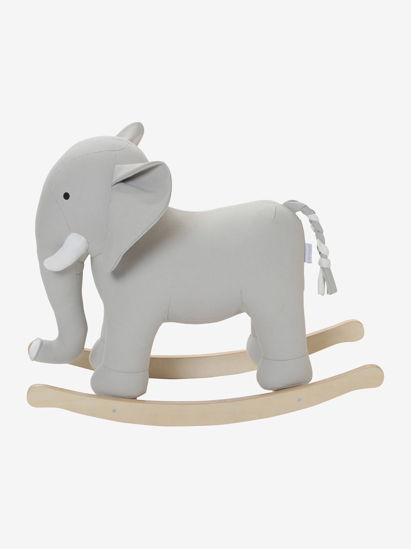 Elefante de balanço de madeira FSC® cinza médio liso com motivos.
