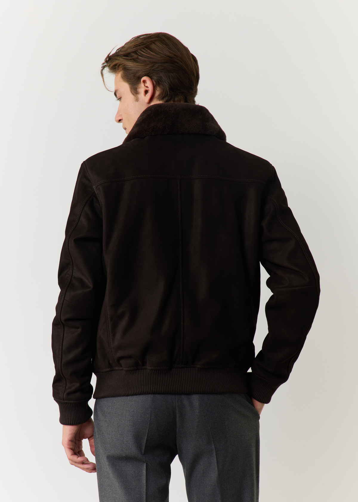 Blouson en cuir nubuck uni chocolat