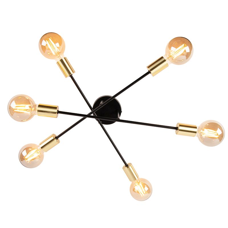 Industriële plafondlamp zwart met goud 6-lichts - Sydney