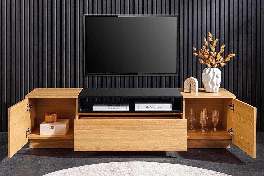 Modernes TV-Board LOFT 160cm natur schwarz drei Fächer mit Schublade