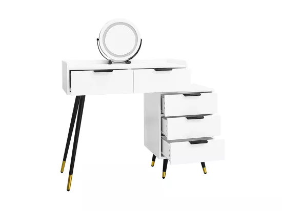 Table de toilette blanche (sans chaise), avec armoires latérales coulissantes, miroir à luminosité réglable, avec 5 tiroirs