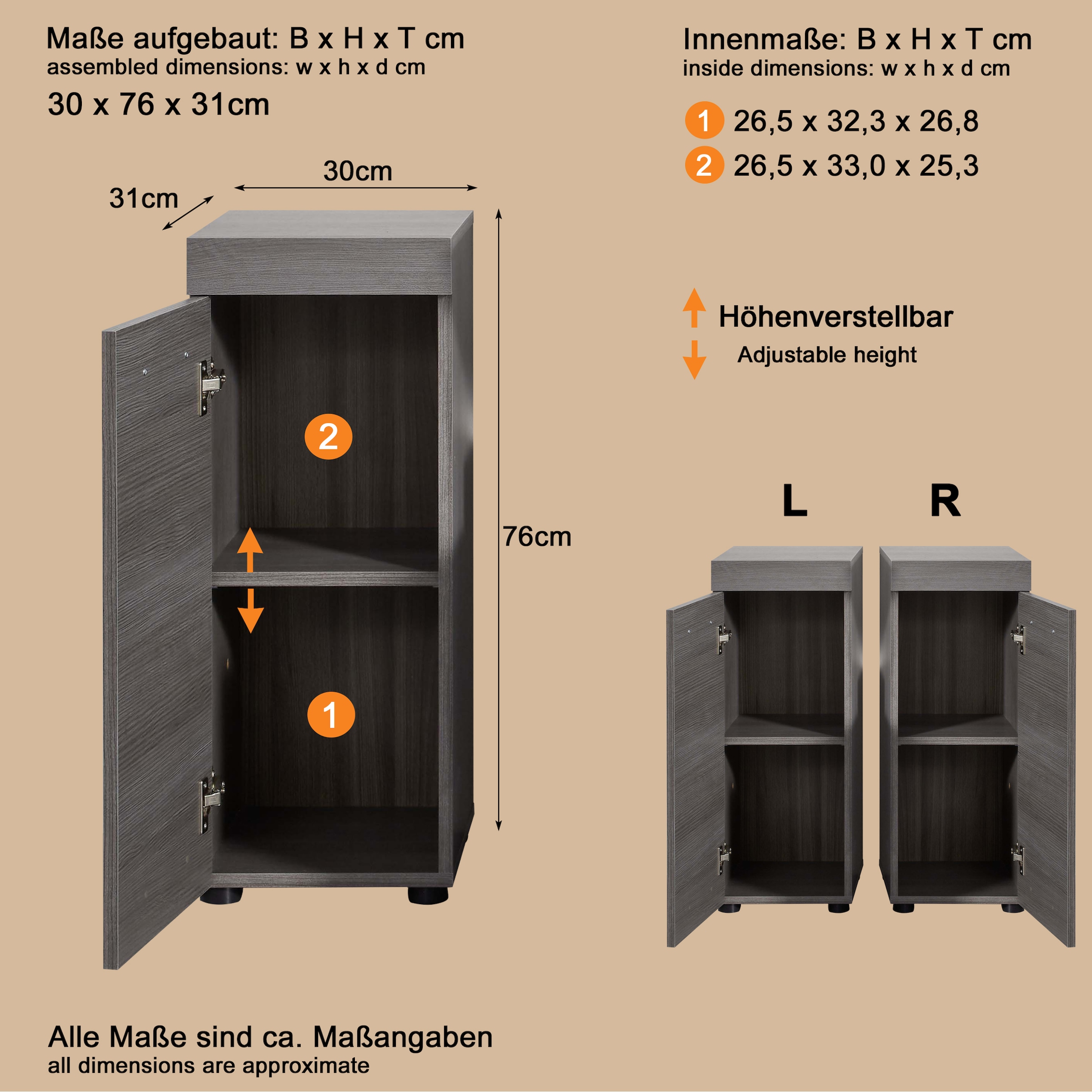 welltime Stauraumschrank »Royan« Badkommode mit 2 Fächern in Rauchsilber - Masse (B/T/H) 30/30/76 cm