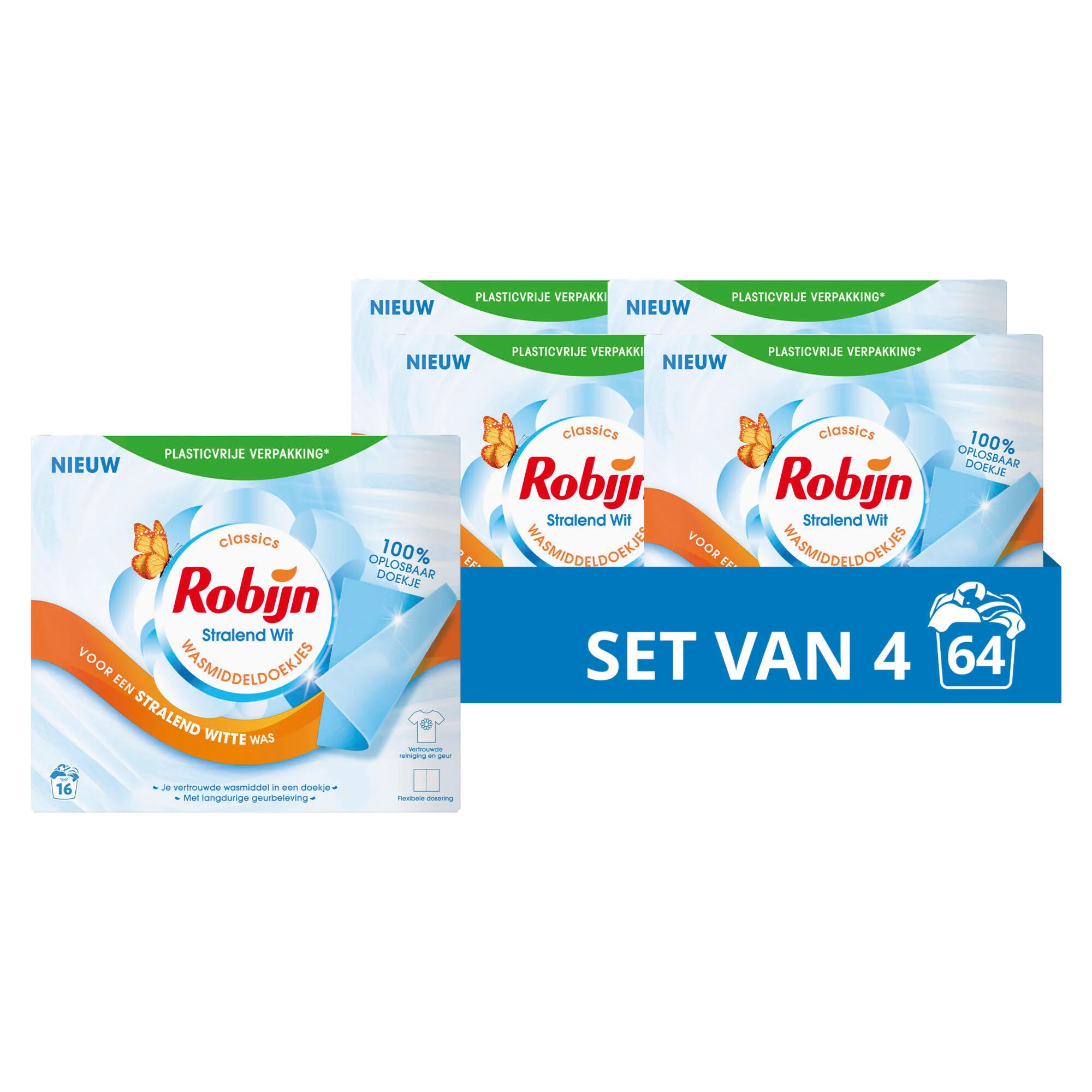Robijn wasmiddeldoekjes Stralend Wit - 4 x 16 wasstrips - 64 wasbeurten
