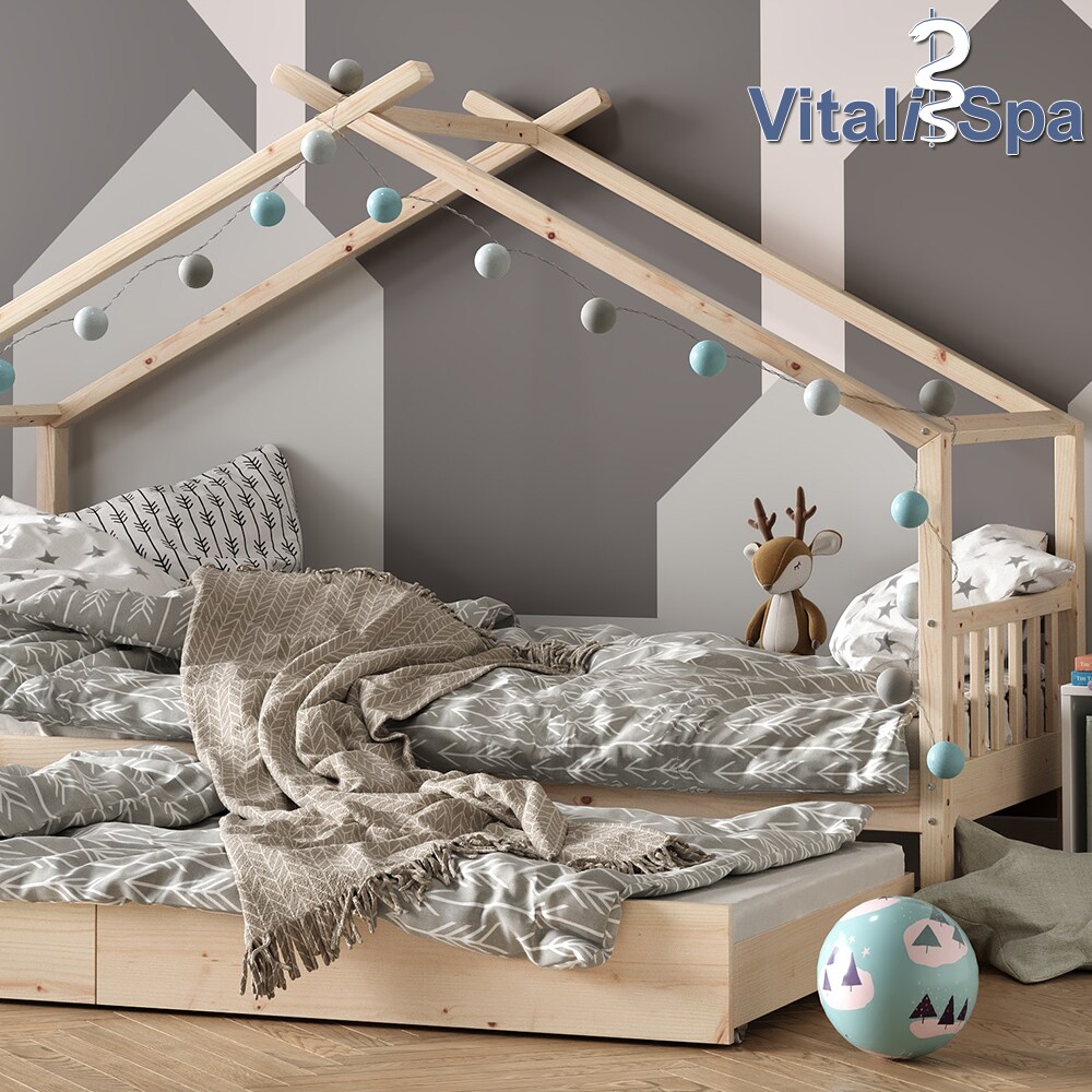 VITALISPA Kinderbett DESIGN Hausbett Gästebett Lattenrost Natur 90x200 Schublade