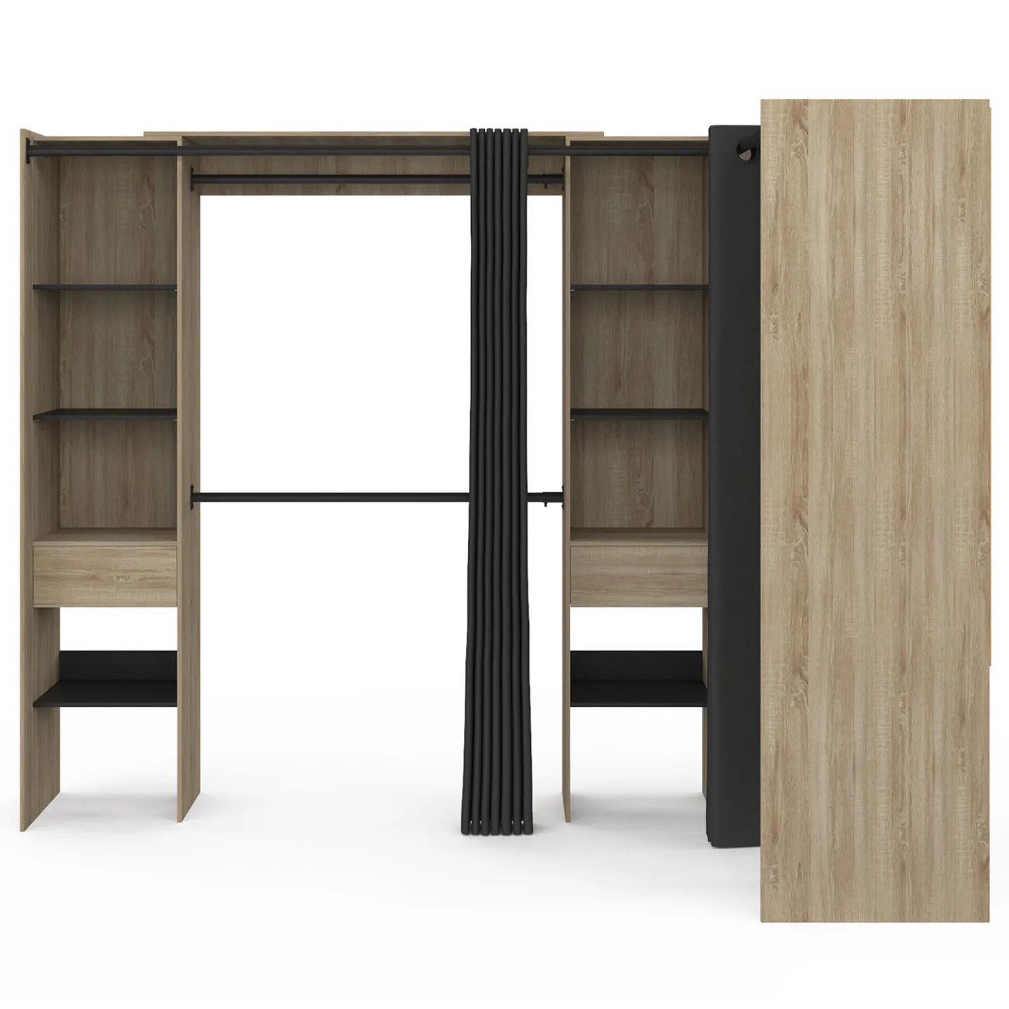 Dressing extensible d'angle MARLON 230 x 140 x 180 cm cm hêtre avec penderies + étagères + rideaux noirs