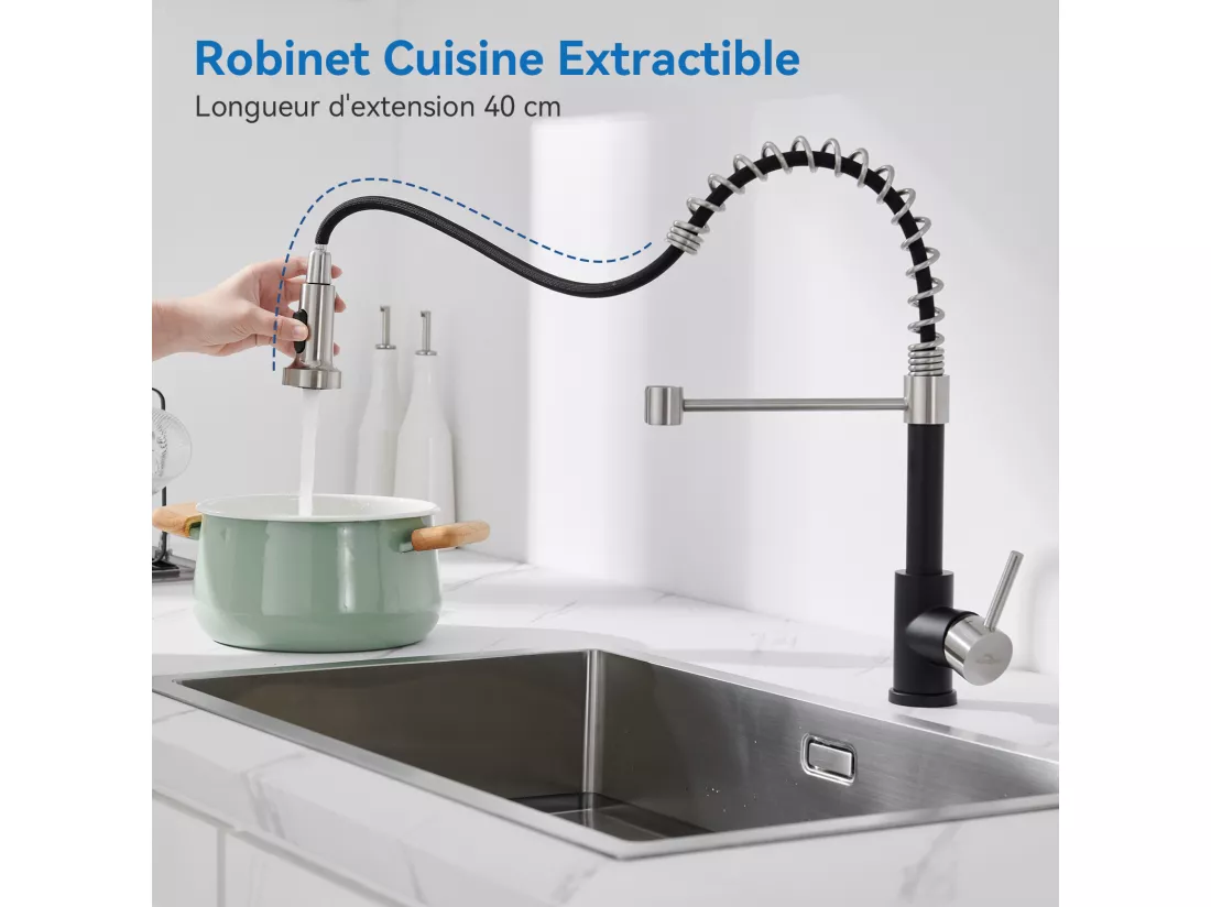 AuraLum Max Mitigeur cuisine avec douchette Robinet Cuisine à Ressort,Rotation 360° Robinet d'Evier 2 Jets,Eau Froide/Chaude,Noir,EU Modèle