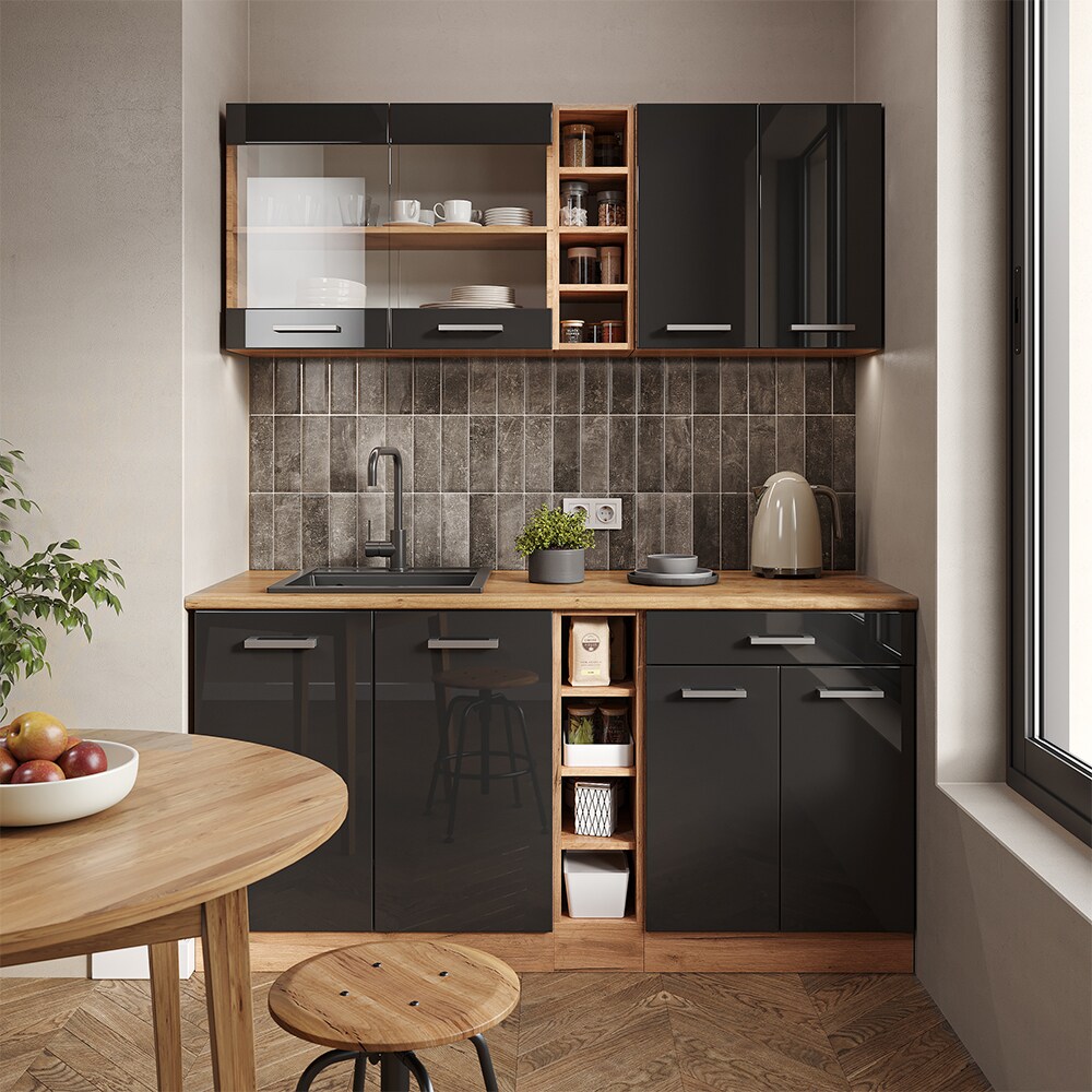 Vicco Küchenzeile Küchenblock Einbauküche R-Line Single Eiche Anthrazit Hochglanz 160 cm