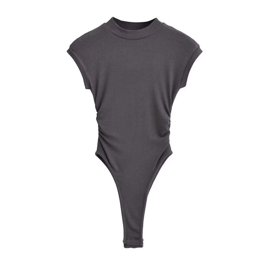 Reknovine - Cap Sleeve Mock Neck Plain Gerimpelde Bodysuit Top