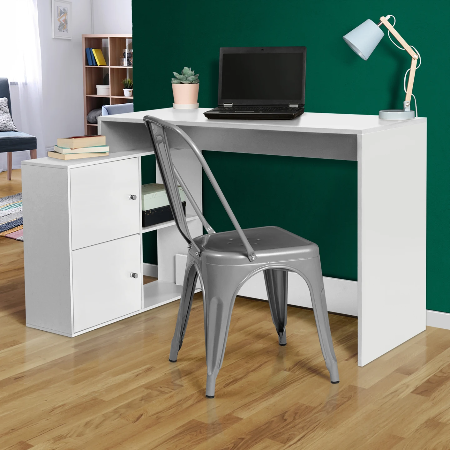 Bureau d'angle en forme de L BOB avec portes blanc