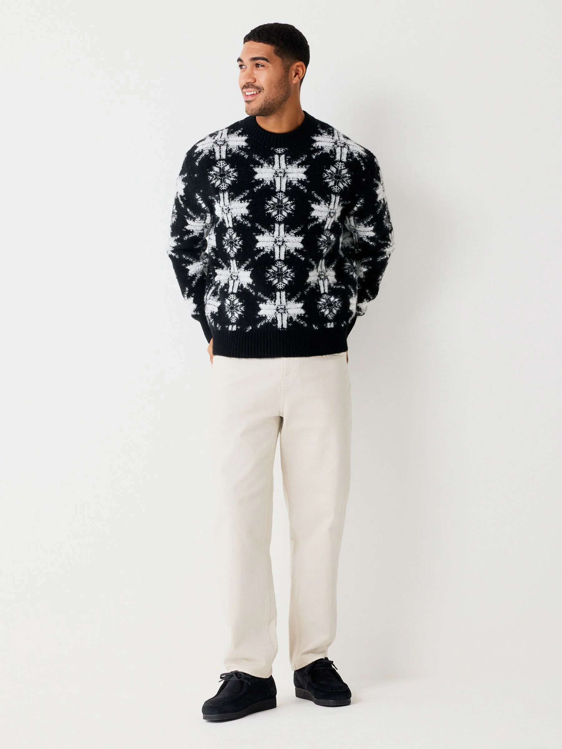 Zwart/wit - Regular Fit Snowflake Pattern Christmas Crew Neck Jumper with Wool