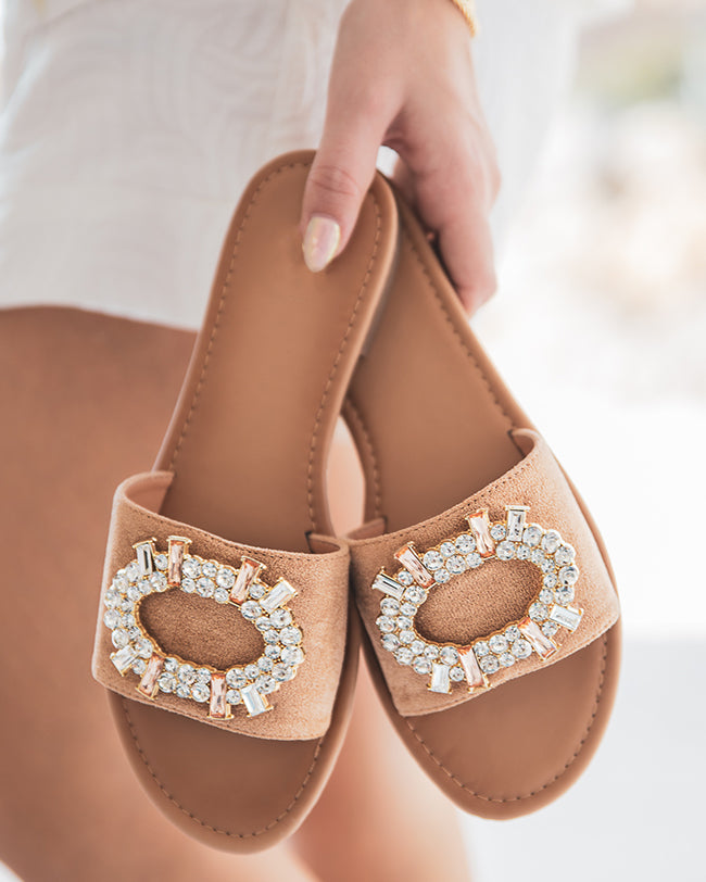 Sandale plate femme diamant daim mule camel - Clara
