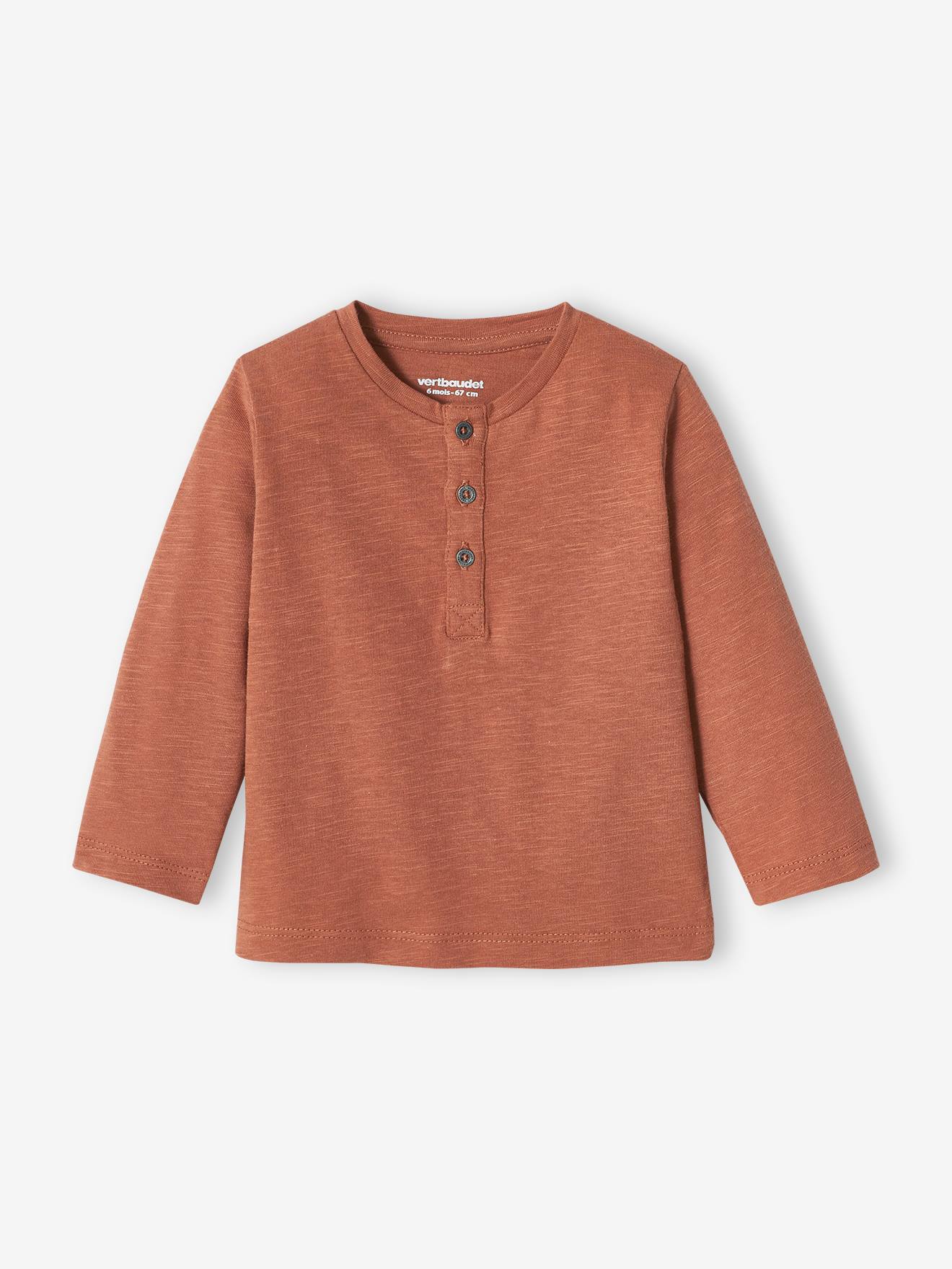 Camiseta personalizável para bebê menino, com gola tunisiana e mangas compridas, lisa, bege claro.
