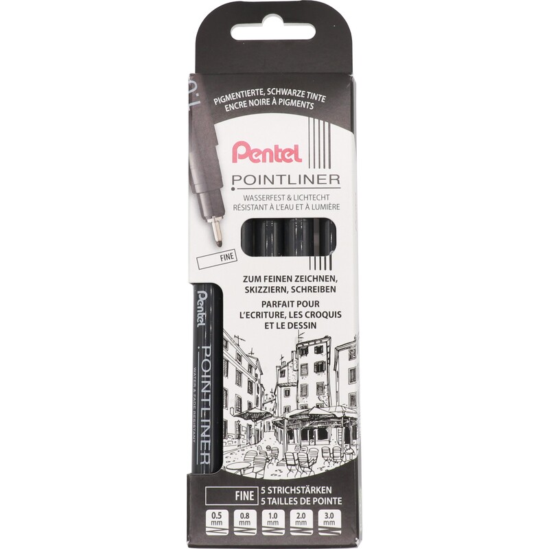 Pentel Fineliner POINTLINER YS20P-5F, fine, 5er Etui, schwarz