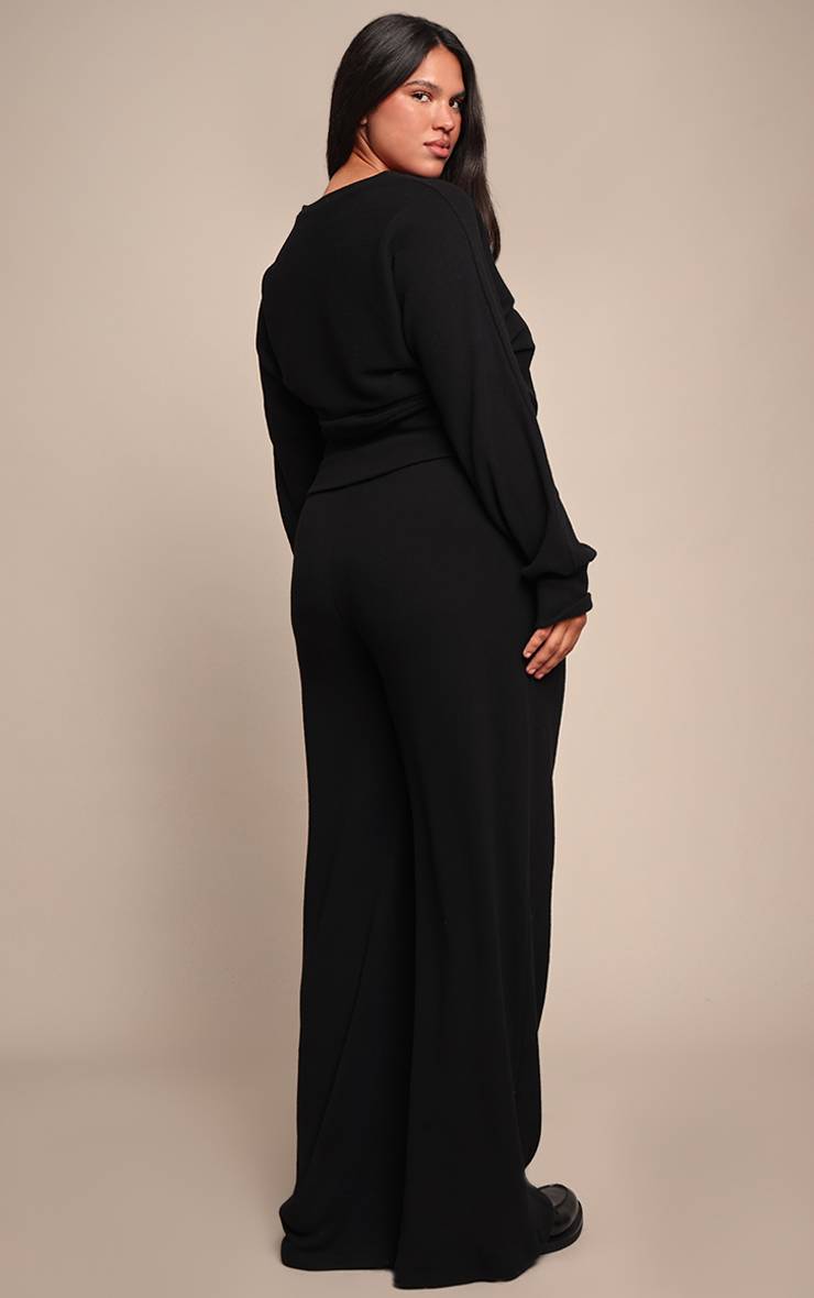 Noir Pantalon Large Taille Basse Côtelé Doux Grande Taille Ensemble Coordonné