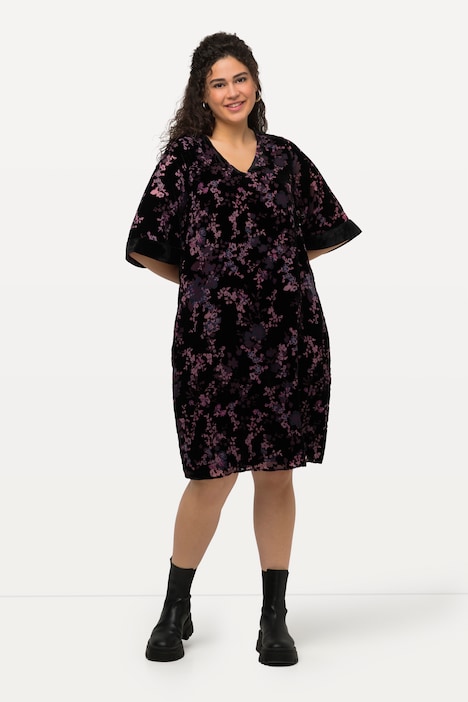 Samtkleid, A-Linie, V-Ausschnitt, 3/4-Arm, Midikleid