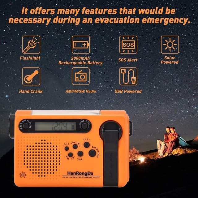 Nødradio LED lommelygte 2000mAh batteri håndkrumtap Solar