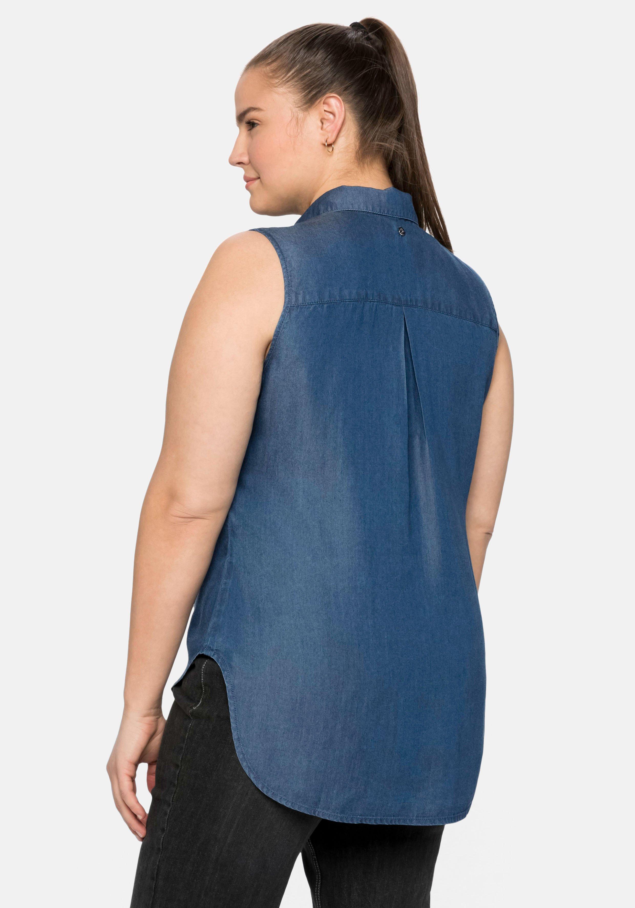 Ärmellose Bluse in Denim-Optik, hinten länger