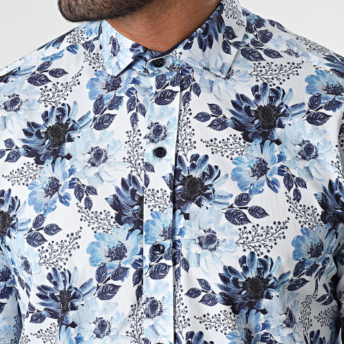 Chemise Manches Longues Blanc Bleu Clair Floral