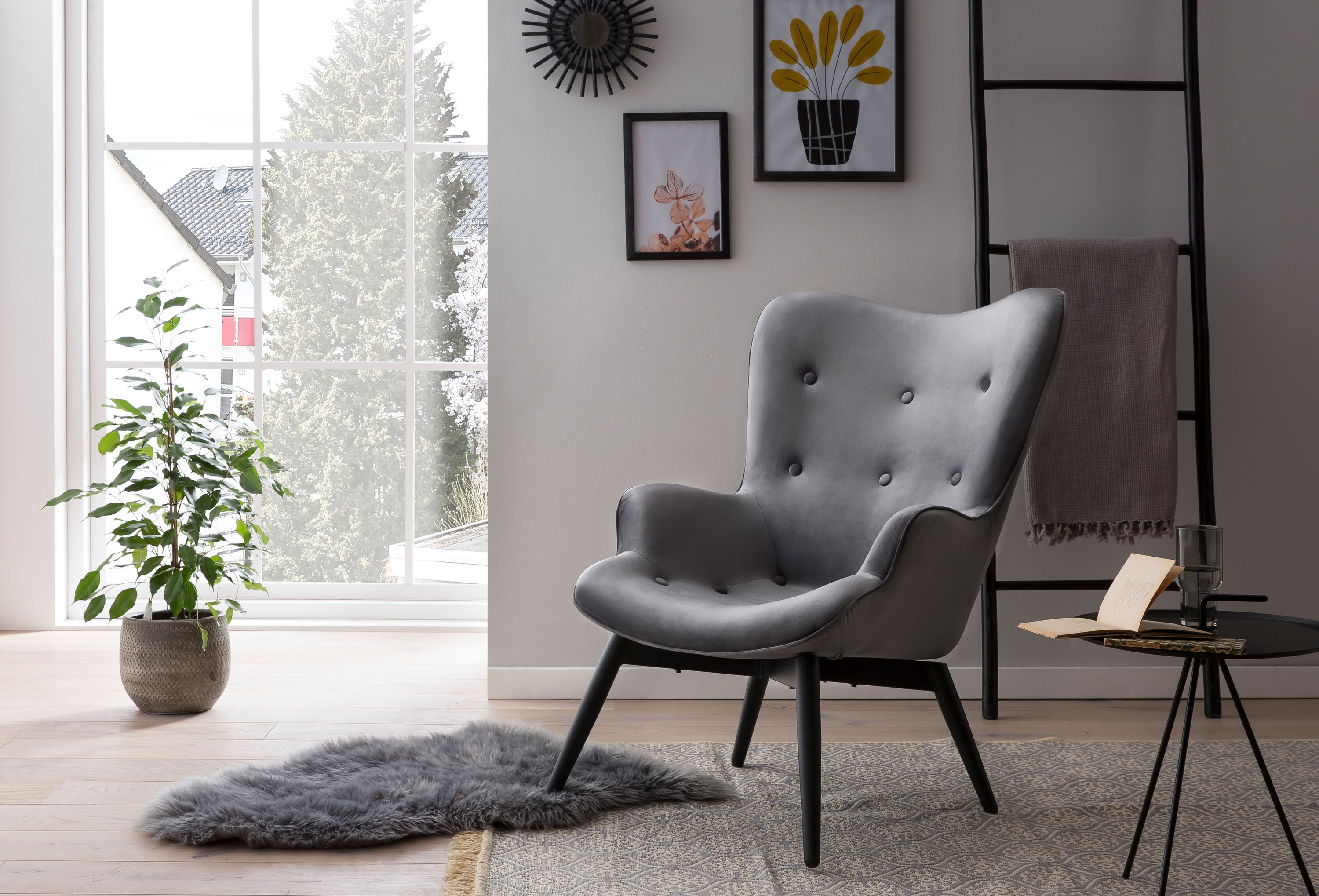 Sessel Grau Samt Relaxsessel Polstersessel Ohrensessel Loungesessel