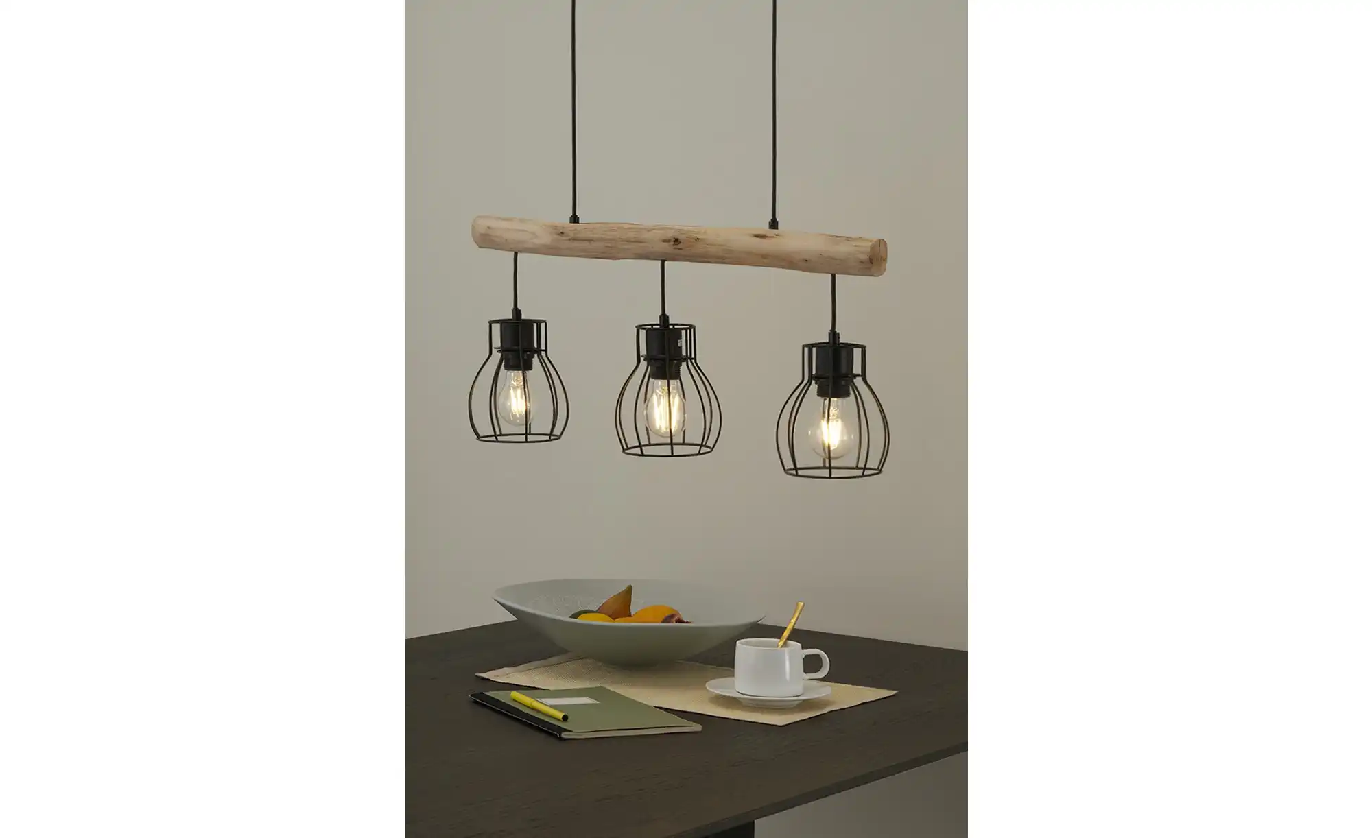 Pendelleuchte, 3-flammig, Holz/ Metall Körbe