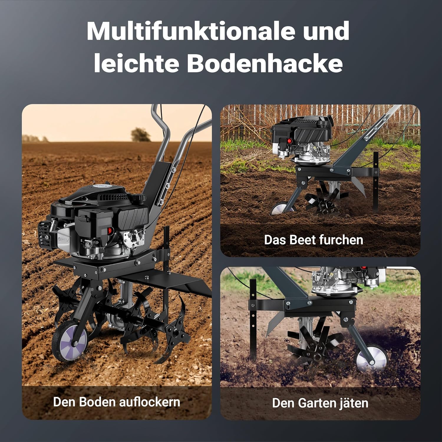 Wiltec Benzin Bodenhacke 60 cm Arbeitsbreite, Gartenhacke mit Motor 144 CCM, Motorhacke 6 Klingen, Bodenfräse mit Antrieb Euro 5, robuste Gartenfräse