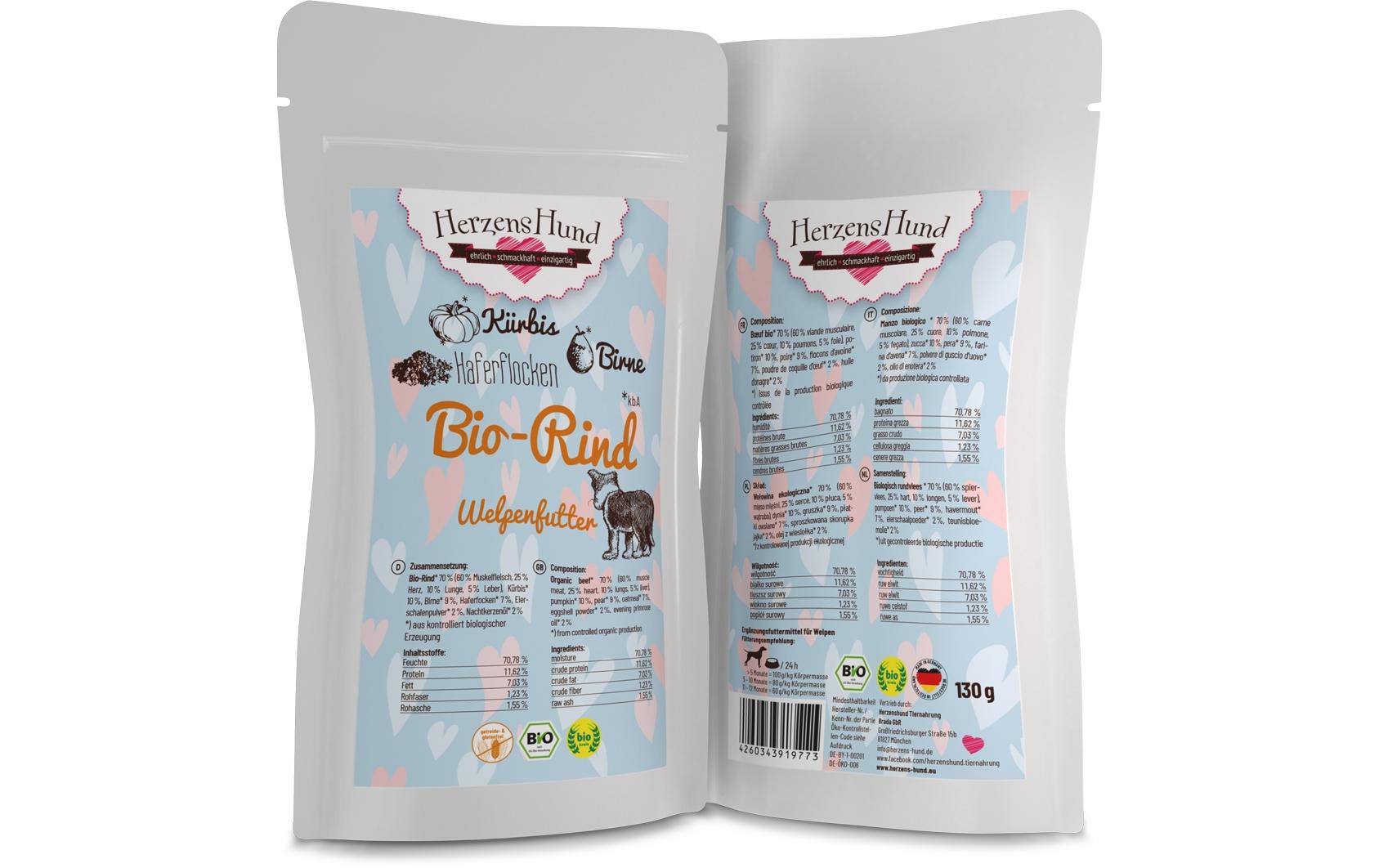 Nassfutter Welpe Bio-Rind mit Bio-Kürbis, 130 gPremium Bio-Ergänzungsfuttermittel für Welpen